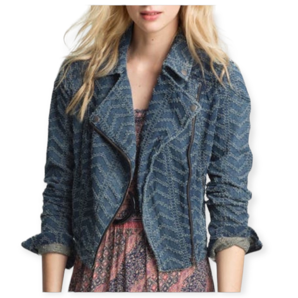 Free People Denim Jacket Size 6 Punched Herringbone Moto